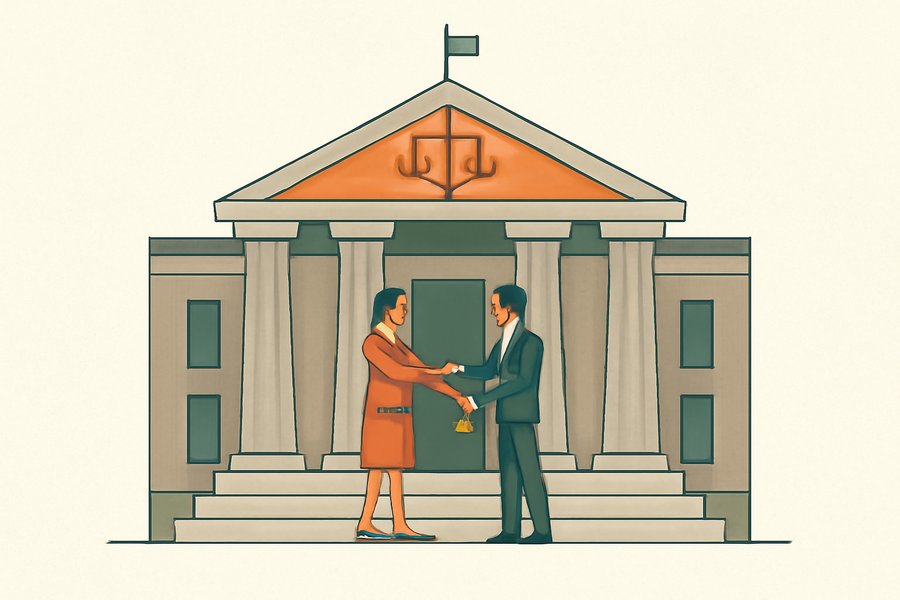 Illustration: sellers and the closing attorney recording a deed at the courthouse